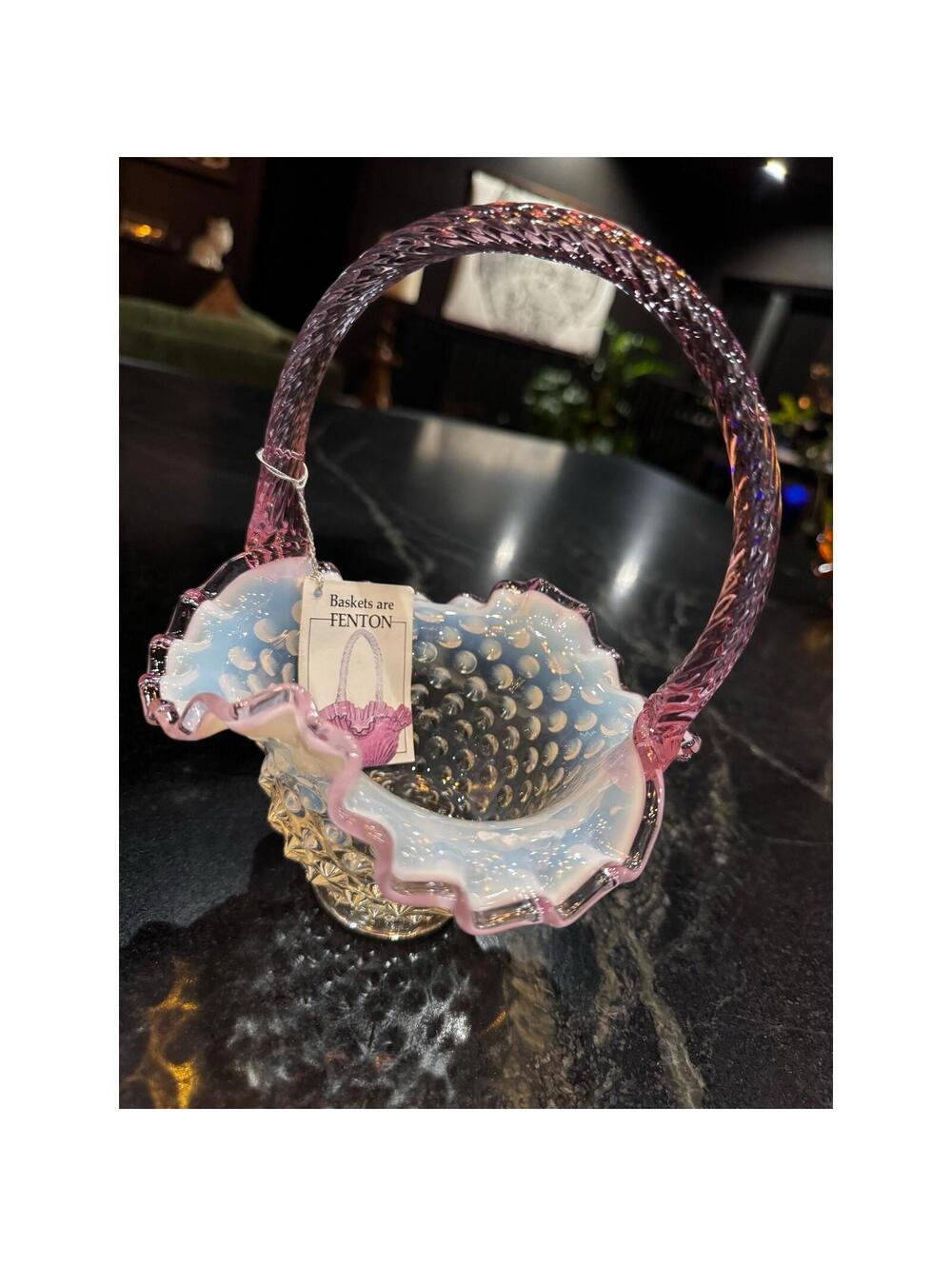 Vintage Fenton Hobnail Rose Pink Ruffled Rim Twist Handle Art Glass Original Tag
